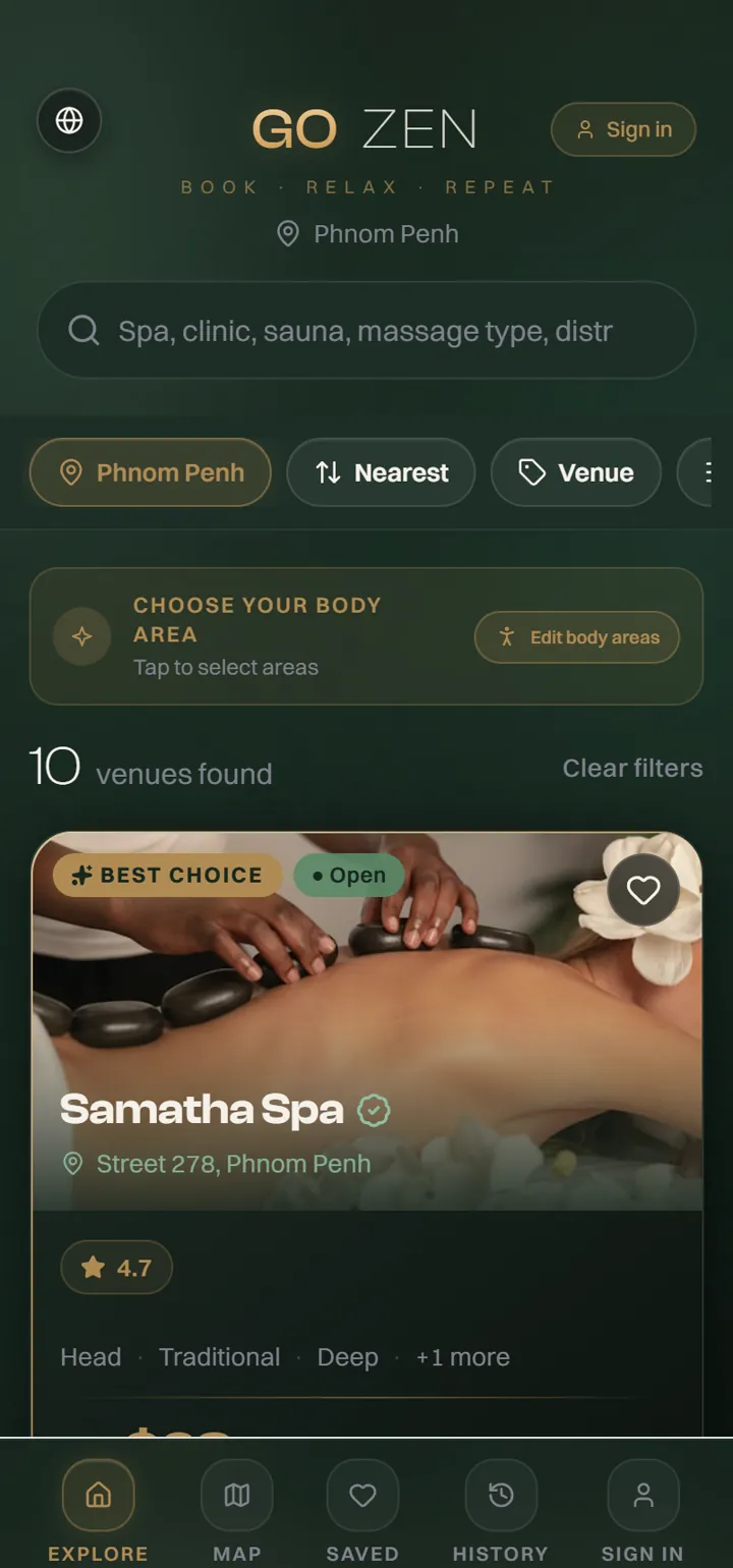 GOZEN app — browse spas & clinics